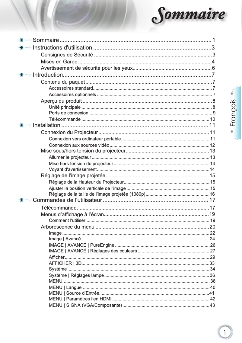 Page 1 de la notice Manuel utilisateur Optoma HD50