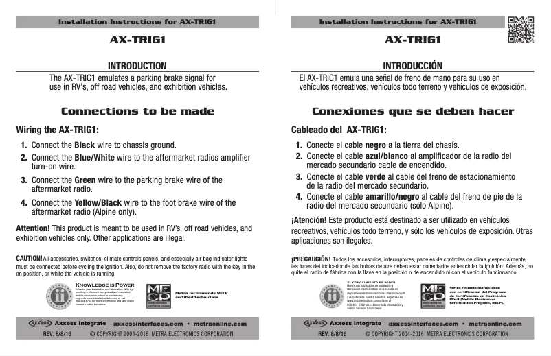 Page 1 de la notice Manuel utilisateur AXESS AX-TRIG1