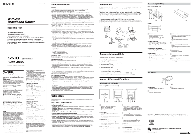Page 1 de la notice Guide d'installation Sony PCWA-AR800