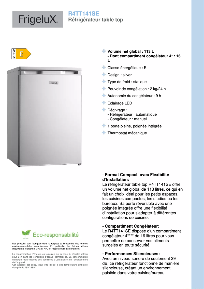 Page n°1 - Fiche technique FrigeluX R4TT141SE