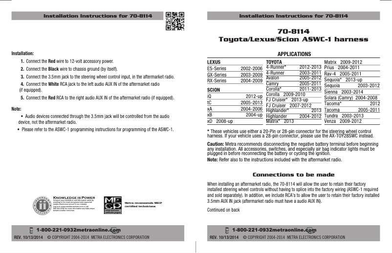 Page n°1 - Manuel utilisateur Metra 70-8114