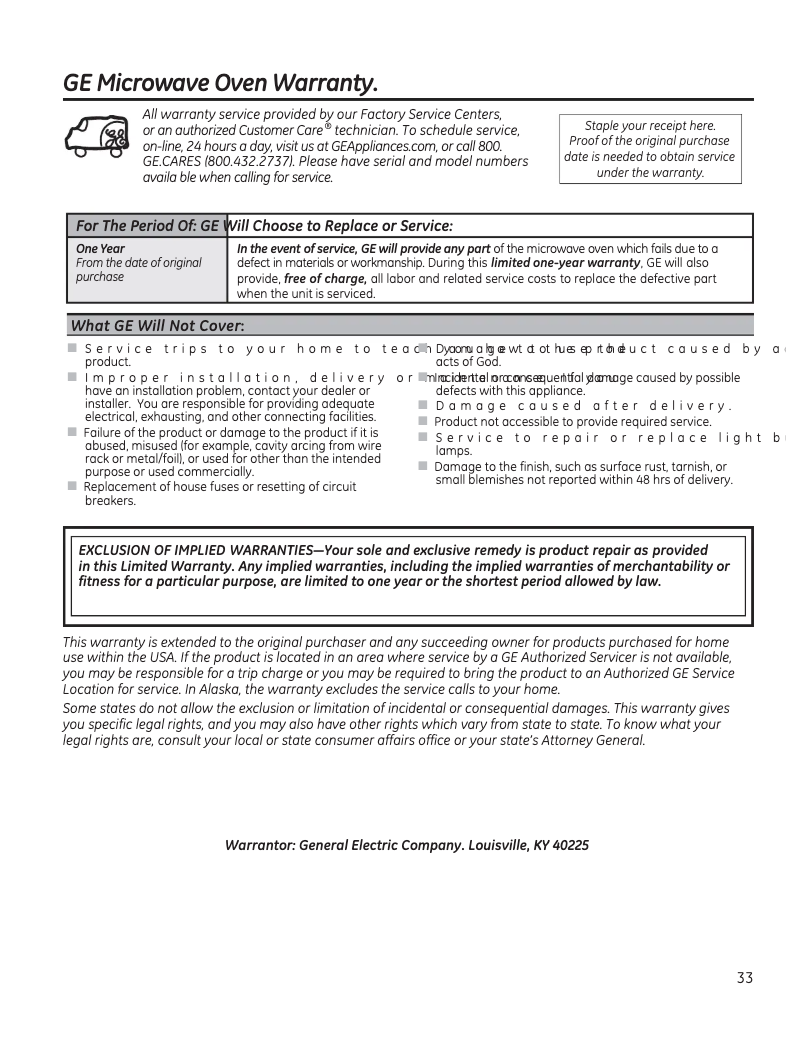 Page n°1 - Informations de garantie GE PVM9179DKWW
