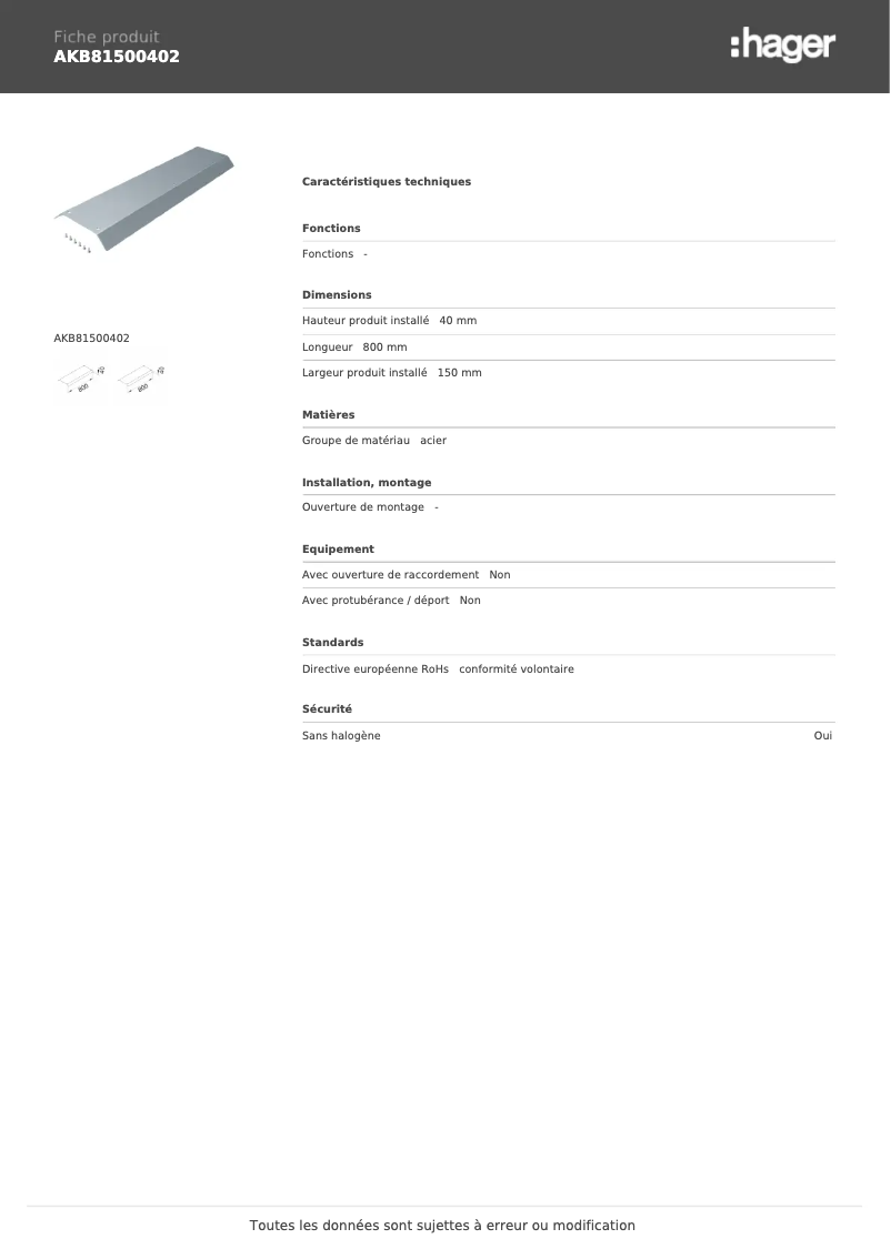 Page n°1 - Fiche technique Hager AKB81500402