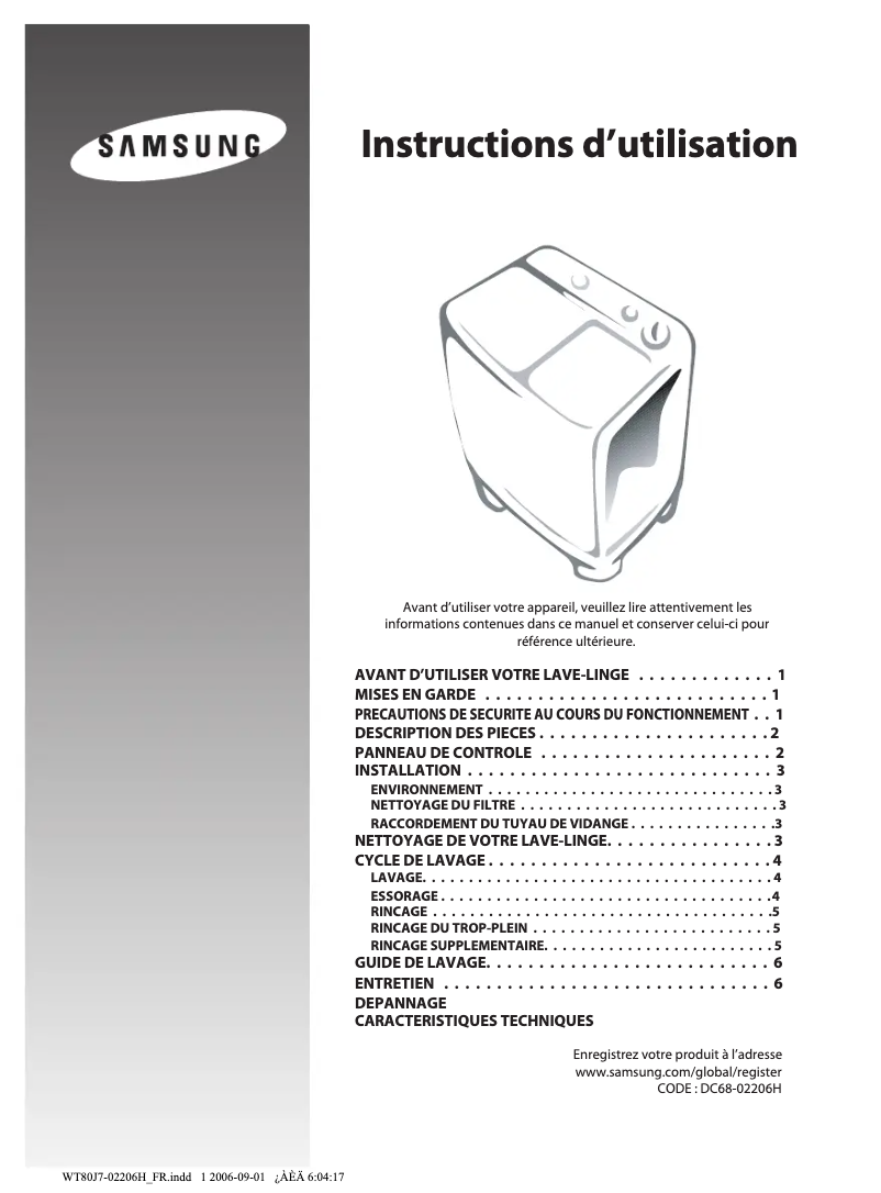 Page 1 de la notice Manuel utilisateur Samsung WT80J7P