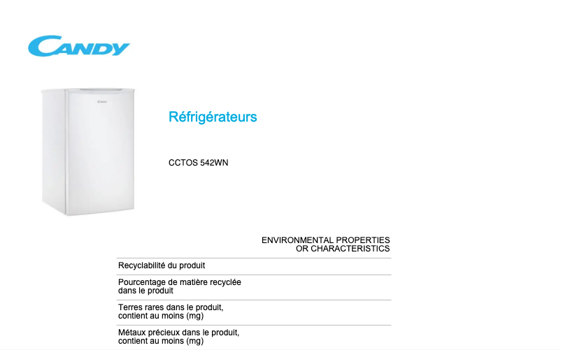 Page 1 de la notice Fiche technique Candy CCTOS 542WN