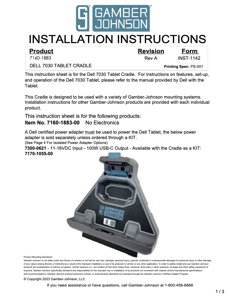 Imagen de la primera página del manual del dispositivo 7160-1883-00