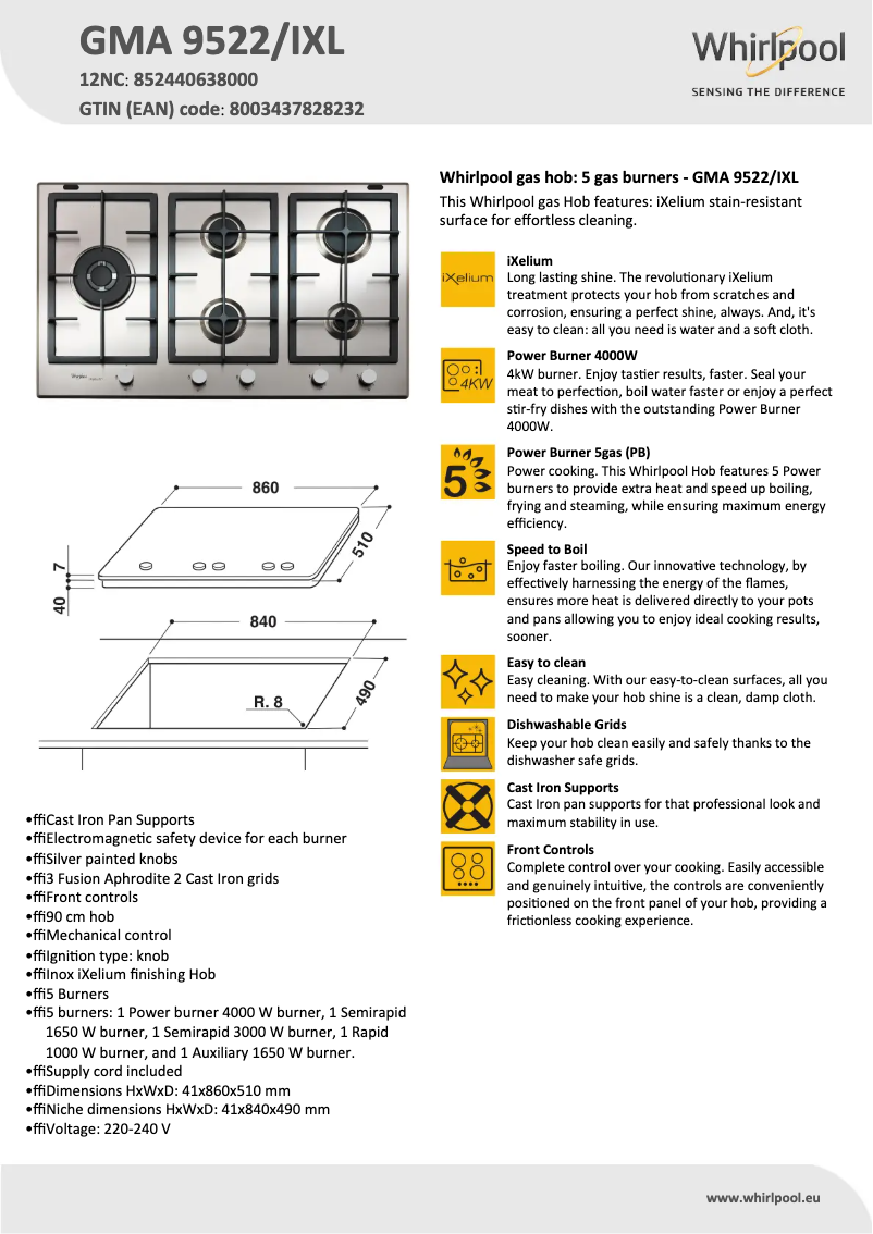 Page 1 de la notice Manuel utilisateur Whirlpool GMA 9522/IXL