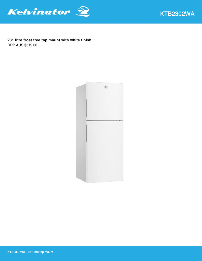 Page 1 de la notice Fiche technique Kelvinator KTB2302WA