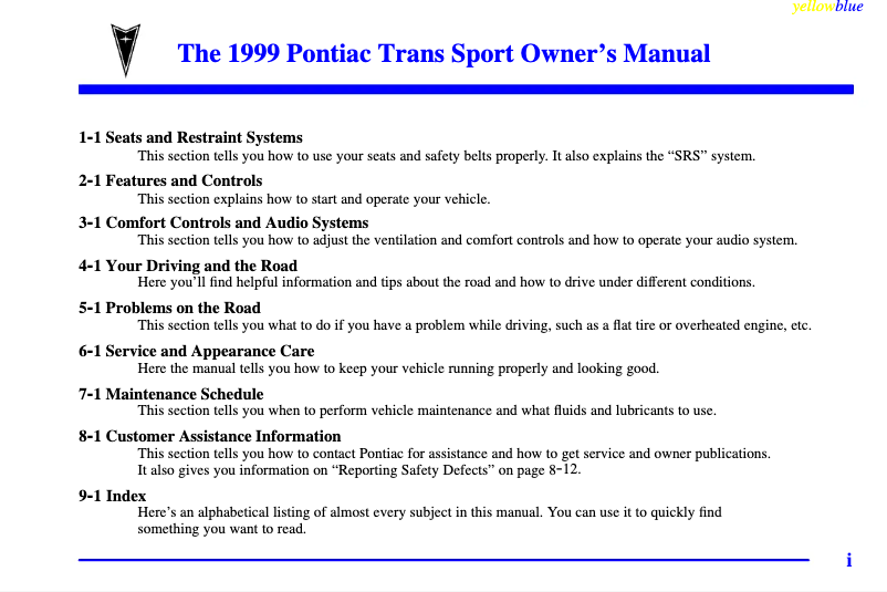 Page n°1 - Manuel utilisateur Pontiac Sunfire (1999)