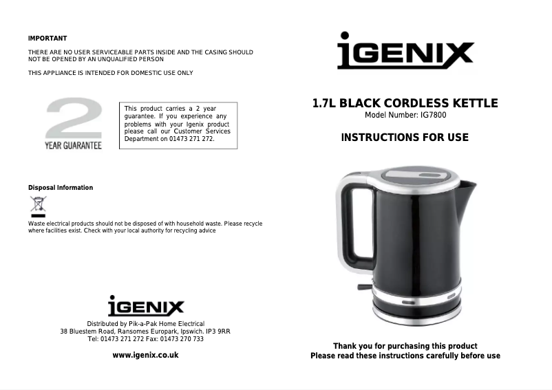 Imagen de la primera página del manual del dispositivo IG7800