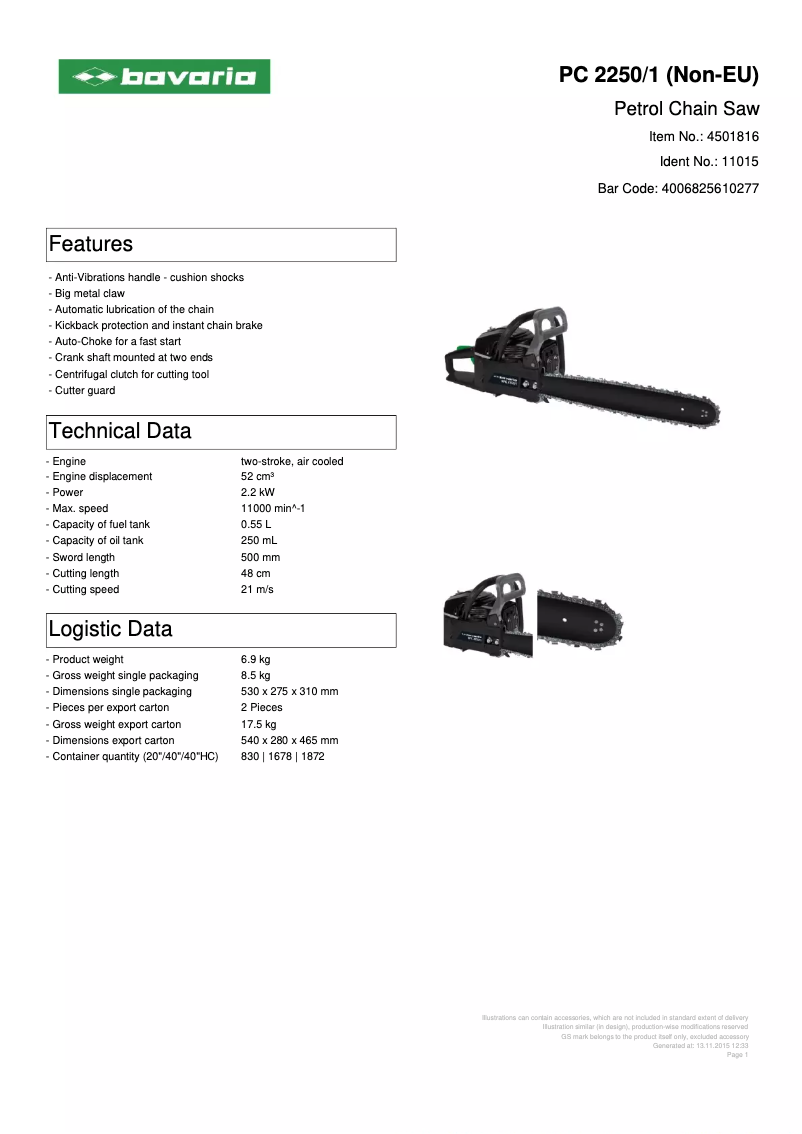 Página 1 del manual Ficha técnica Bavaria BPC 2250/1