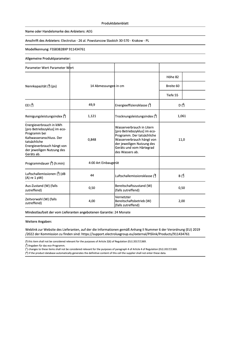 Página 1 del manual Ficha técnica AEG FSS83828XP
