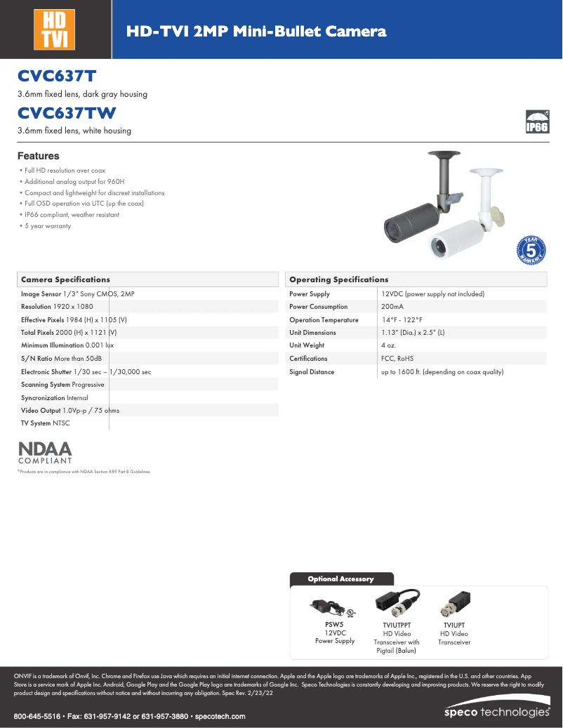Page 1 de la notice Fiche technique Speco Technologies CVC637T