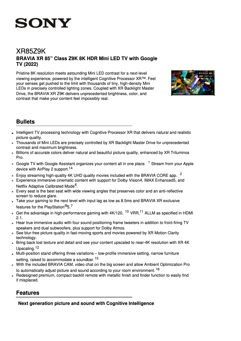 Página 1 del manual Ficha técnica Sony Bravia XR-85Z9K