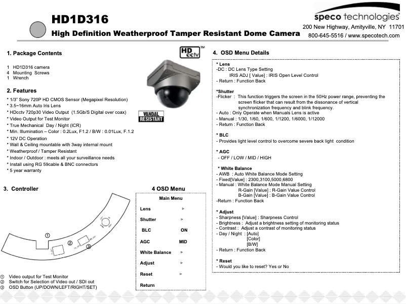 Page 1 de la notice Manuel utilisateur Speco Technologies HD1D316