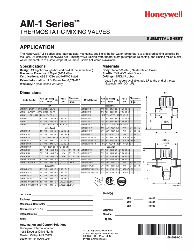 Page n°1 - Manuel utilisateur Honeywell R-AM-101C-US-1