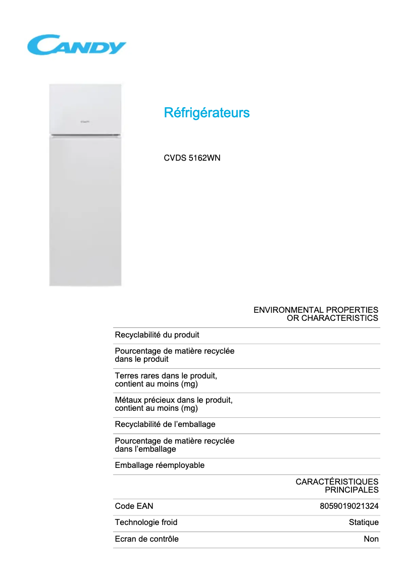 Page n°1 - Fiche technique Candy CVDS 5162WN