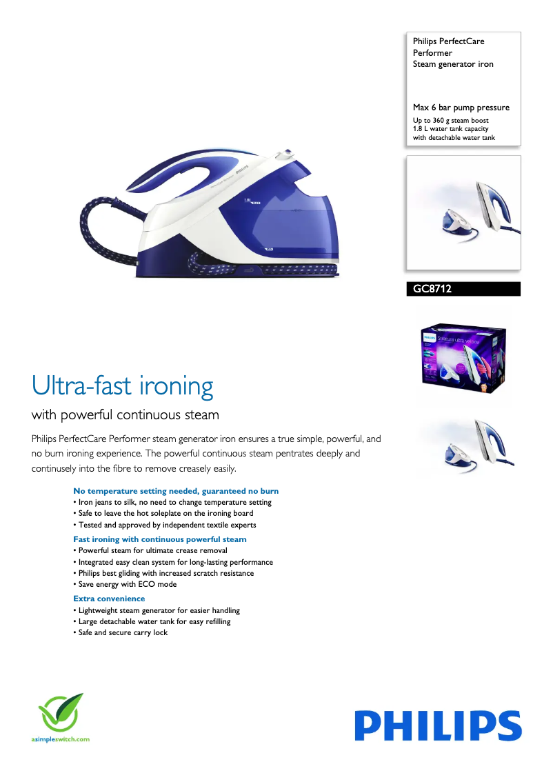 Page 1 de la notice Fiche technique Philips PerfectCare Performer GC8712