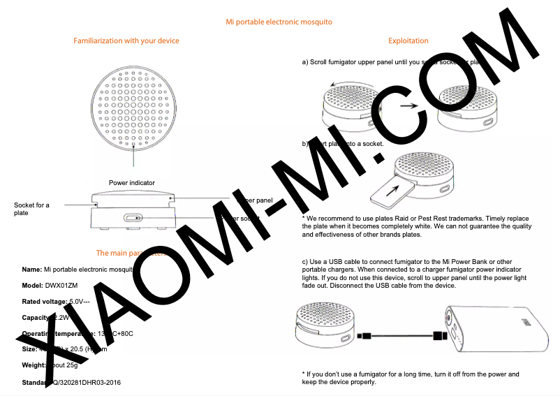 Page 1 de la notice Manuel utilisateur Xiaomi Mi Portable Electronic Mosquito Repeller