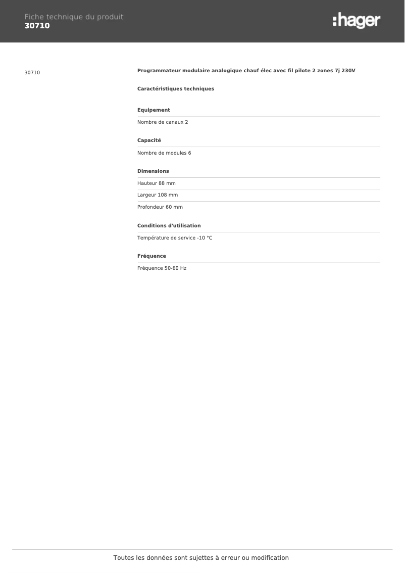 Página 1 del manual Ficha técnica Hager 30710