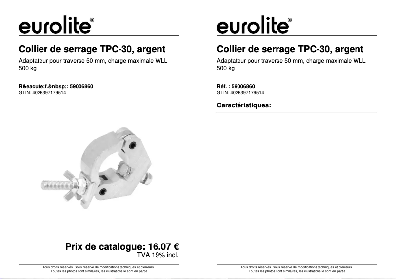Page 1 de la notice Fiche technique Eurolite TPC-30