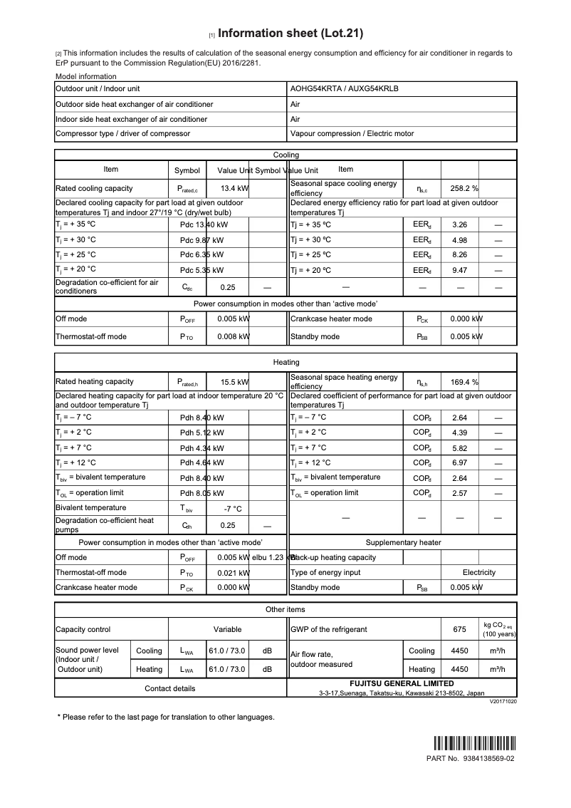 Page 1 de la notice Fiche technique Fujitsu AOHG54KRTA