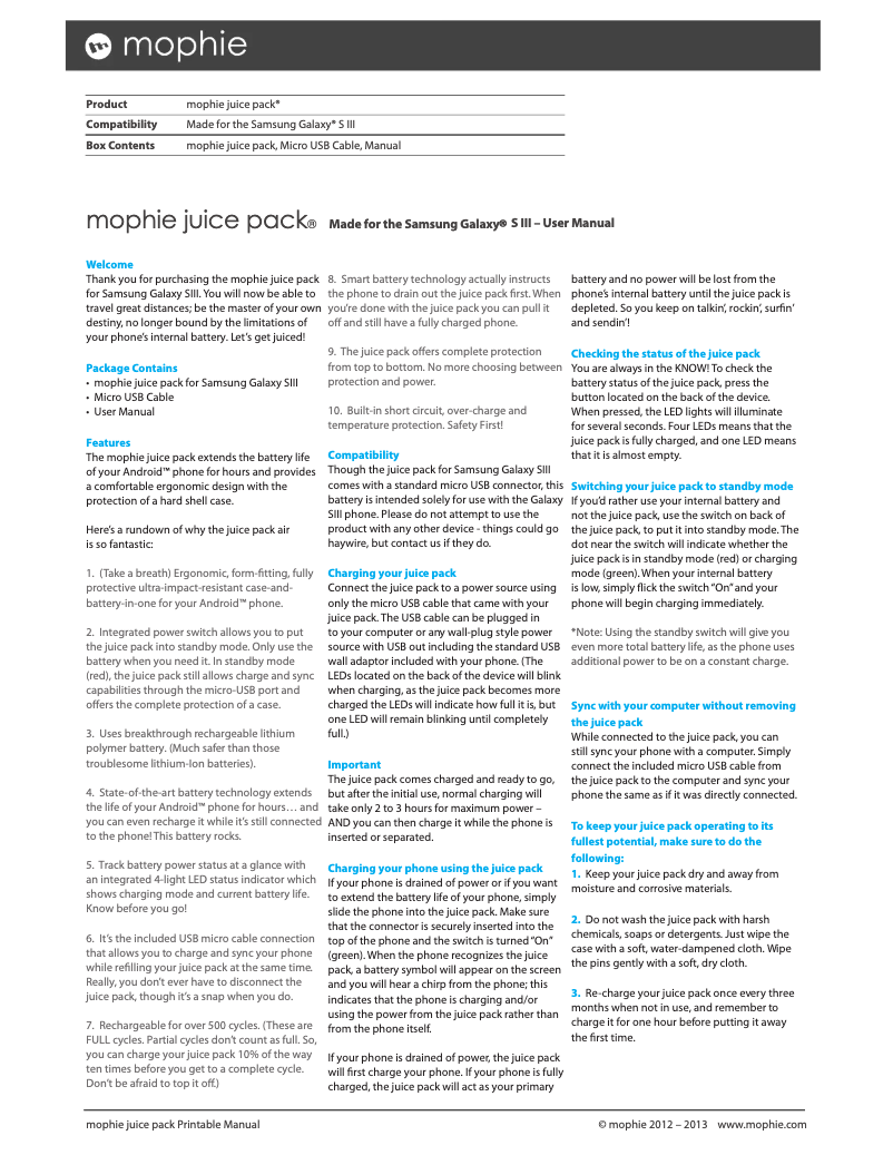 Image de la première page du manuel de l'appareil Juice pack for Galaxy S3