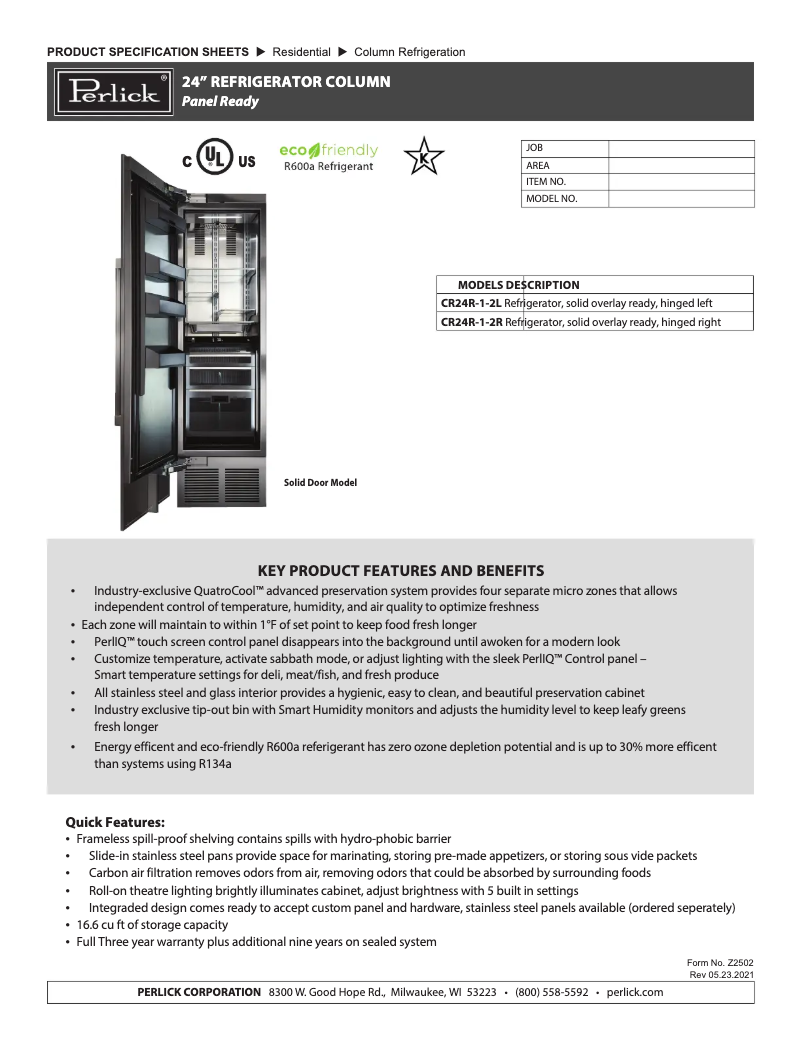 Página 1 del manual Ficha técnica Perlick CR24R-1-2L