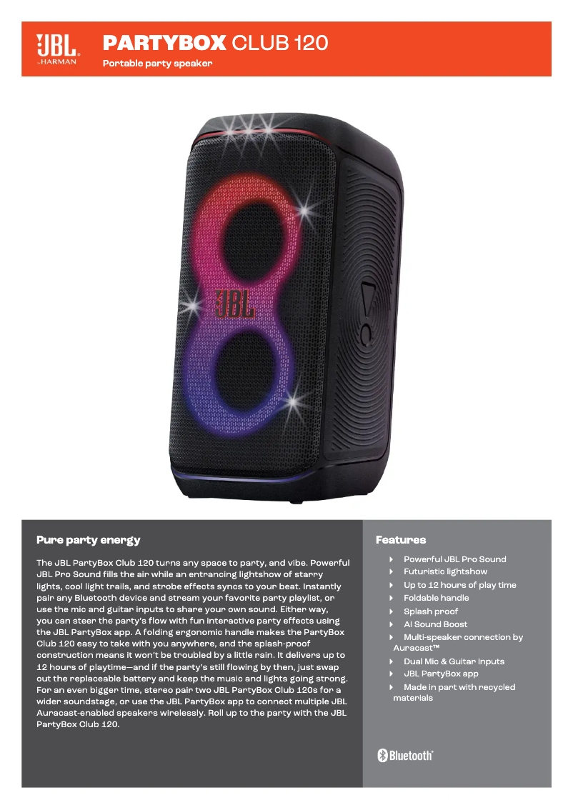 Page 1 de la notice Fiche technique JBL PartyBox Club 120