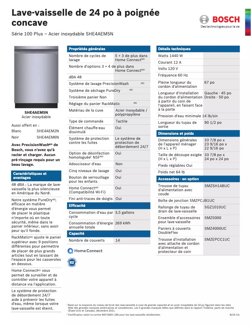 Page n°1 - Fiche technique Bosch SHE4AEM5N