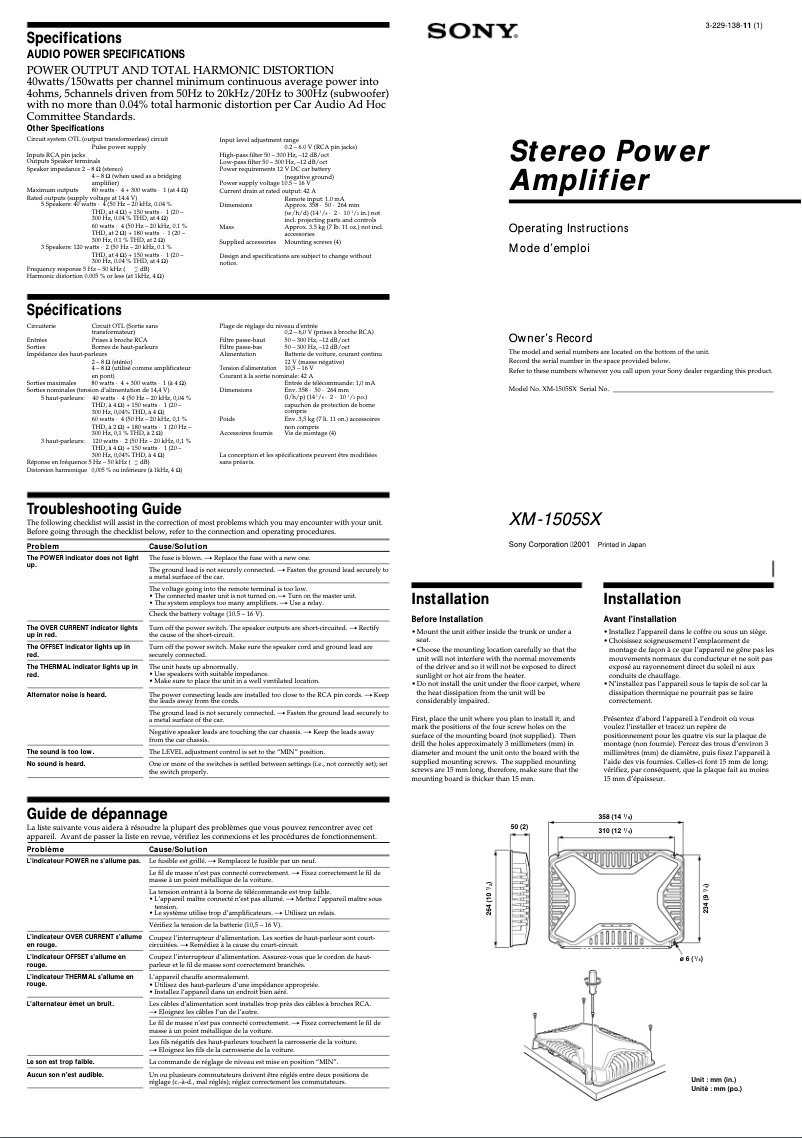 Page 1 de la notice Manuel utilisateur Sony XM-1505SX