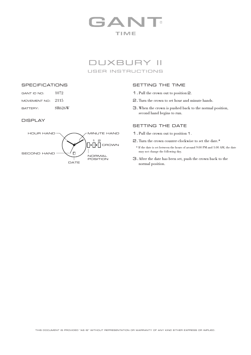 Page 1 de la notice Manuel utilisateur Gant Duxbury II 1072
