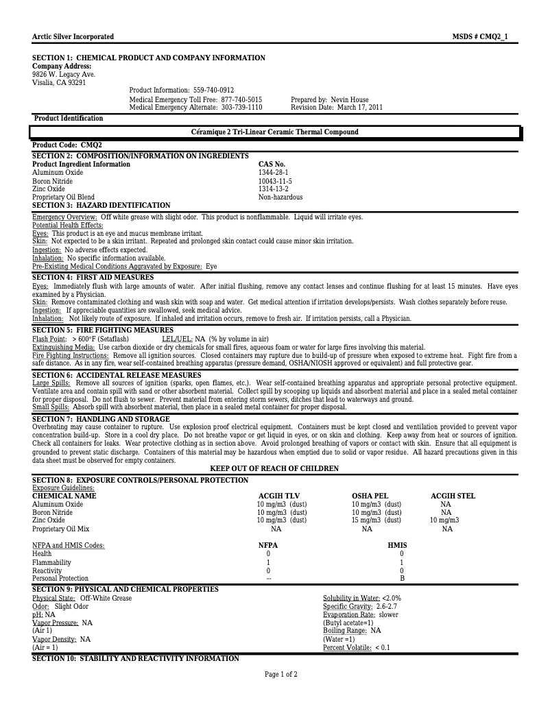 Page 1 de la notice Manuel utilisateur Arctic Céramique 2