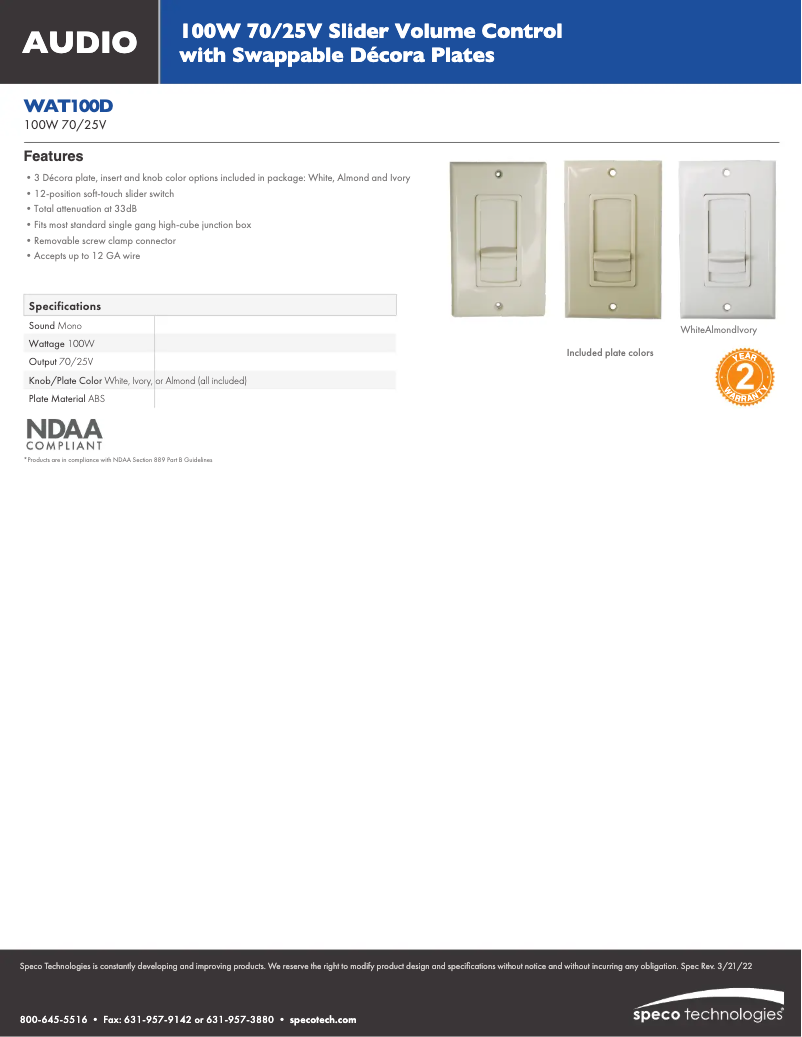 Page 1 of the manual Technical Sheet Speco Technologies WAT100D