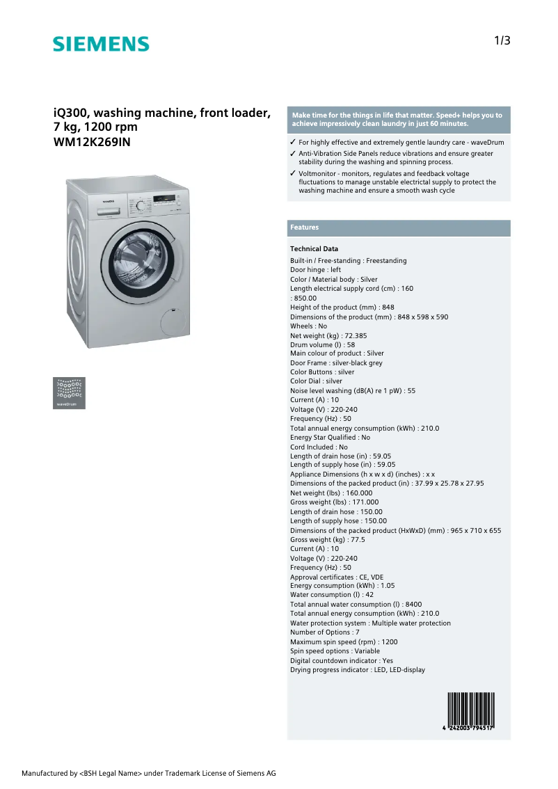 Page n°1 - Fiche technique Siemens WM12K269IN