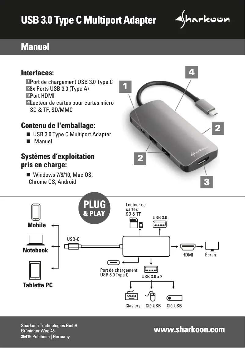 Page 1 de la notice Manuel utilisateur Sharkoon USB 3.0 Type C Combo Adapter