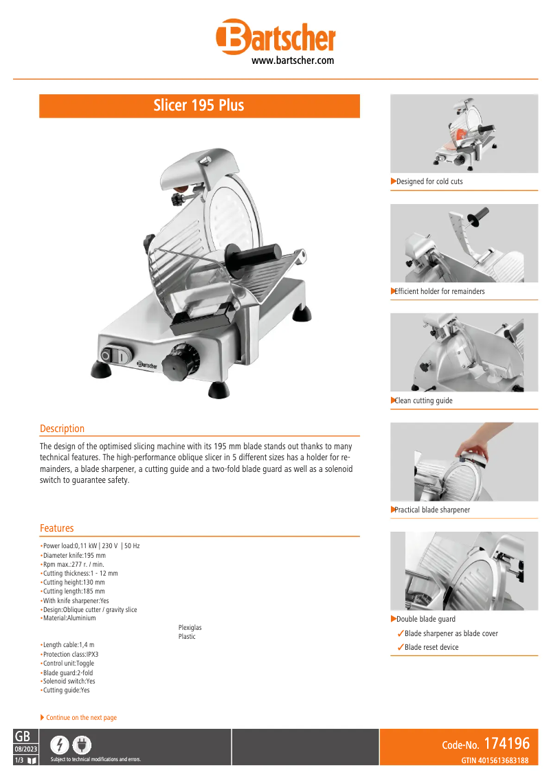 Page n°1 - Fiche technique Bartscher 174196