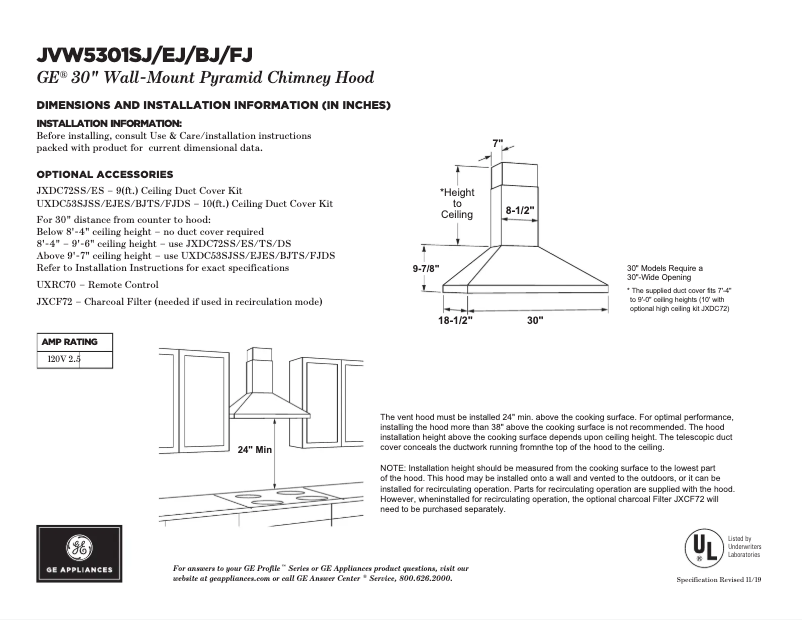 Page 1 de la notice Fiche technique GE JVW5301BJTS