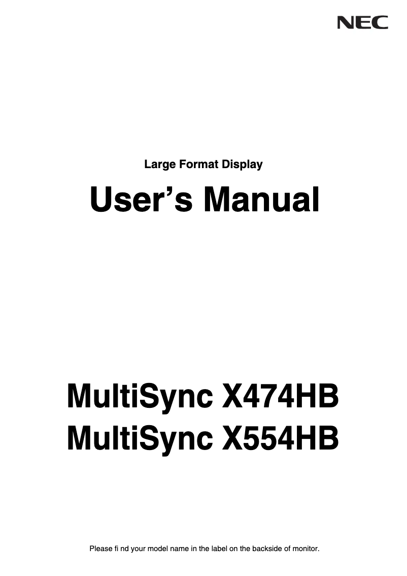 Image de la première page du manuel de l'appareil MultiSync X474HB