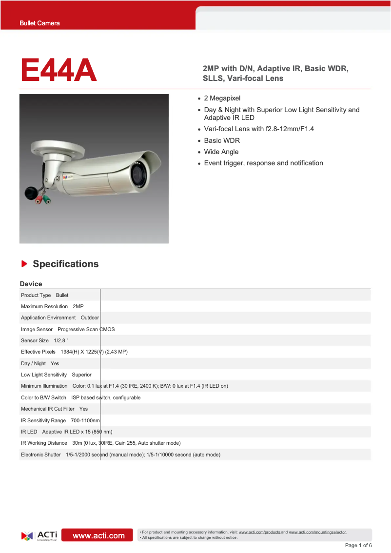 Page 1 de la notice Fiche technique ACTi E44A