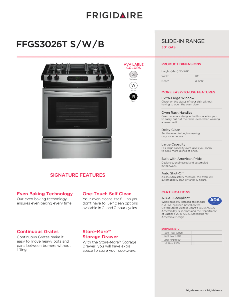 Page n°1 - Fiche technique Frigidaire FFGS3026TS