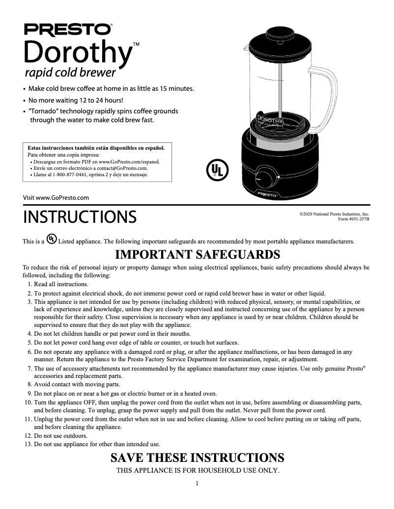 Page 1 de la notice Manuel utilisateur Presto Dorothy 02937