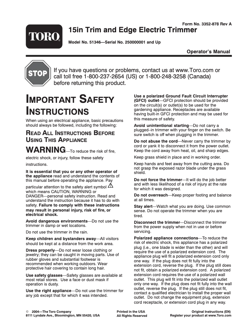 Página 1 del manual Manual de usuario Toro 51346