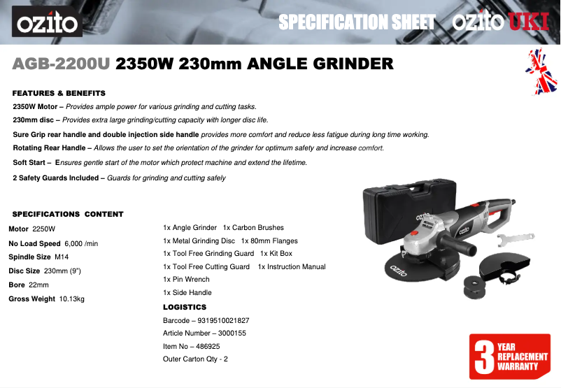 Page 1 de la notice Fiche technique Ozito AGB-2200U