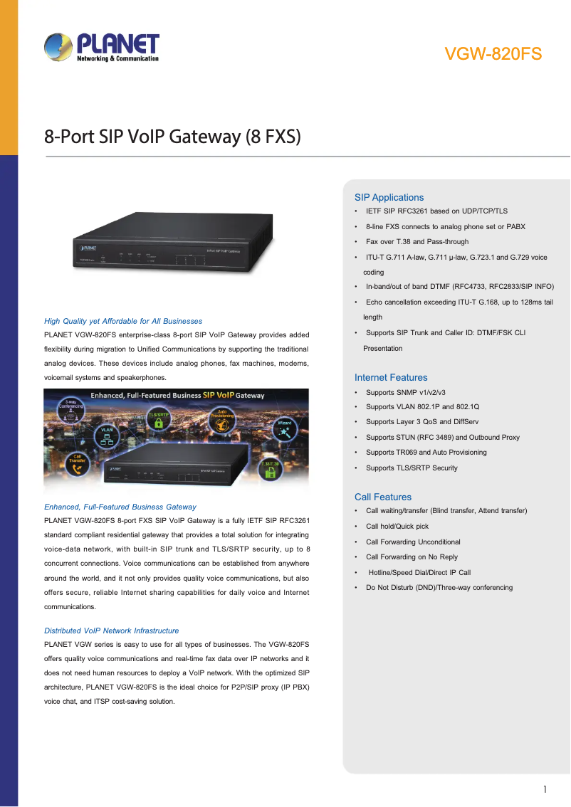Page 1 de la notice Fiche technique Planet VGW-820FS