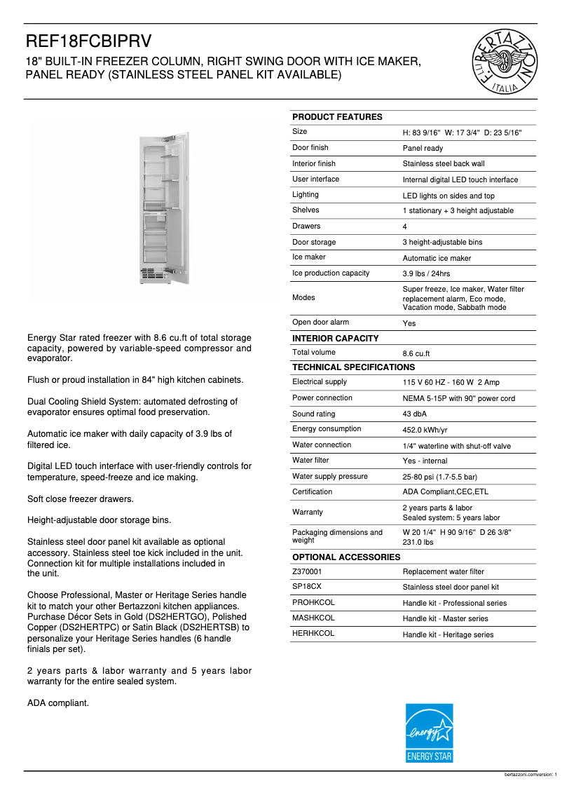 Page n°1 - Fiche technique Bertazzoni REF18FCBIPRV