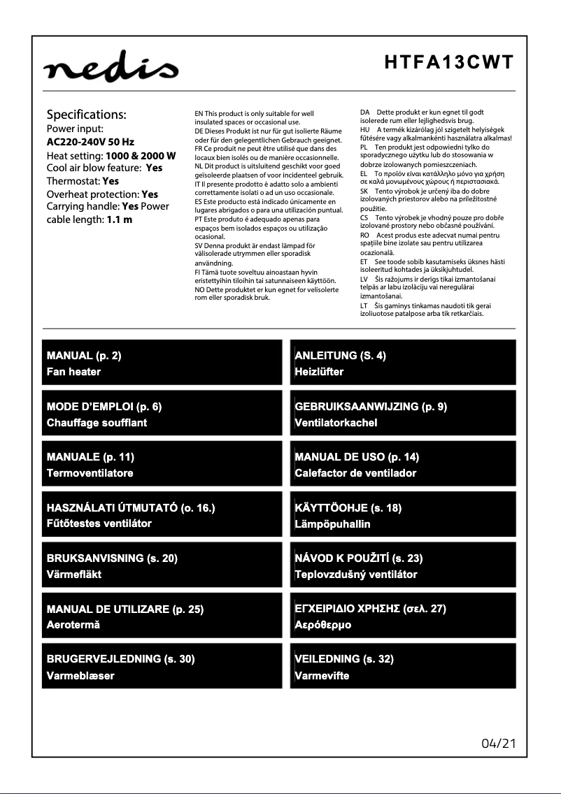 Page 1 de la notice Manuel utilisateur Nedis HTFA13CWT