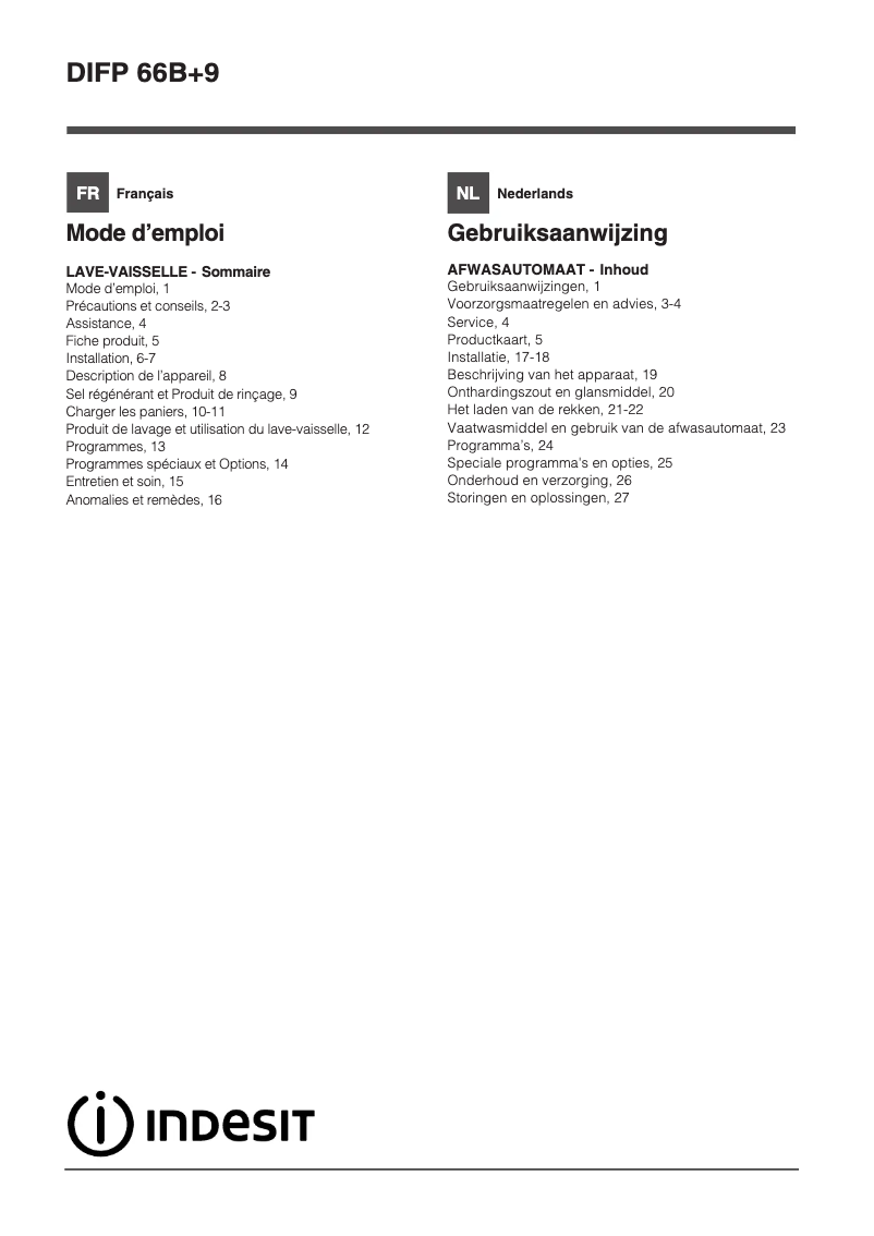 Page n°1 - Manuel utilisateur Indesit DIFP 66B+9 EU
