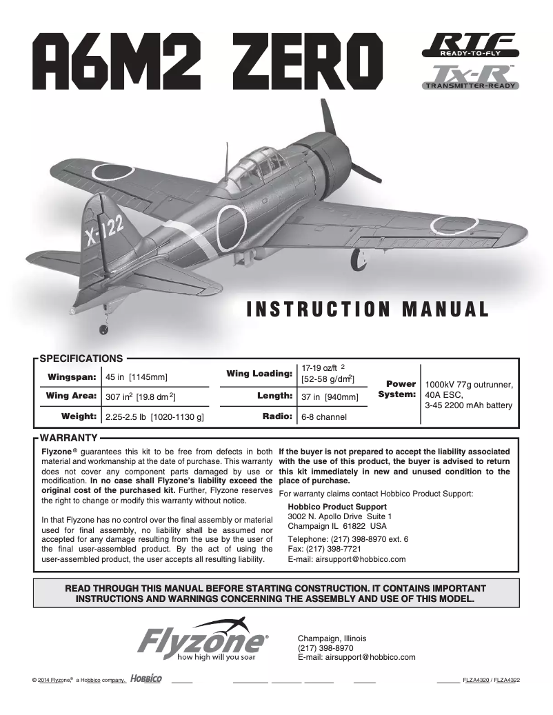 Page 1 de la notice Manuel utilisateur Flyzone A6M2 Zero