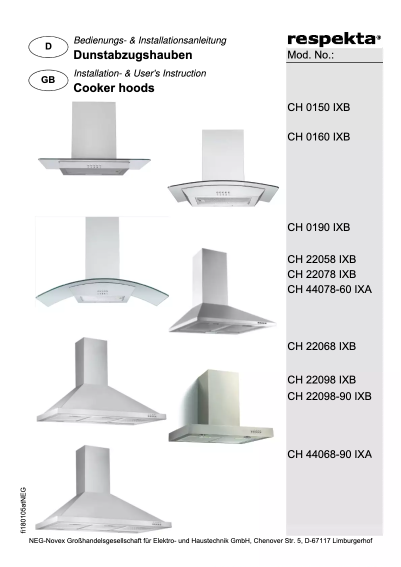 Page 1 de la notice Manuel utilisateur Respekta Enna CH22098-90IXB